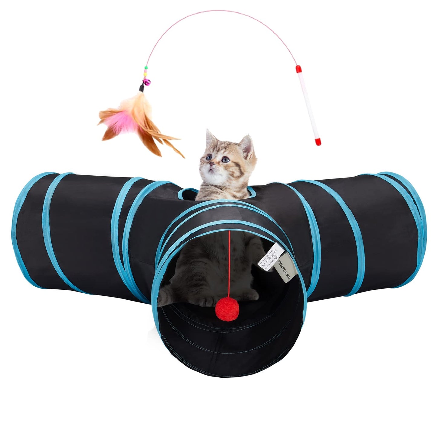 Tempcore Pet Cat Tunnel Tube Toys 3 Way Collapsible, Tunnels for Indoor Cats,Kitty Bored Peek Hole Toy Ball Cat, Puppy, Kitty, Kitten, Rabbit