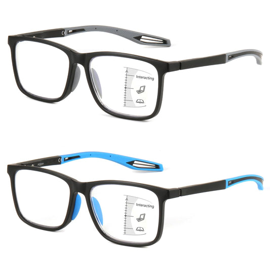 Missfive 2 Pack Upgraded Unbreakable Multifocus Progressive Reading Glasses Men Women - Sports Style TR90 Anti UV/Eyestrain/Blue, Light Multifocal Readers Spring Hinge Near-Workspace Eyewear, 2.5x