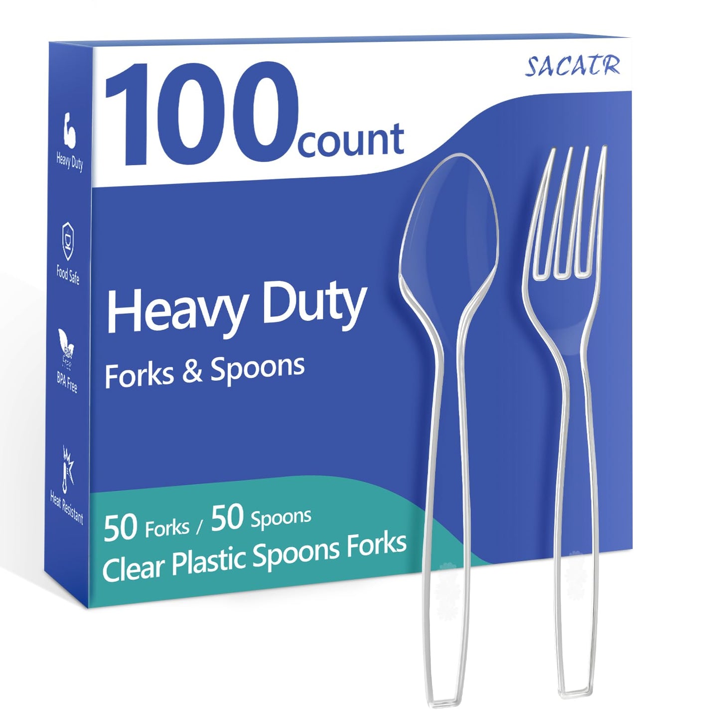 100 Count Plastic Silverware Heavy Duty -50 Forks, 50 Spoons, BPA-Free, Heat Resistant, Disposable Plastic Utensils Set, Plastic Cutlery Set, Plasticware Suitable for Party Everyday Use