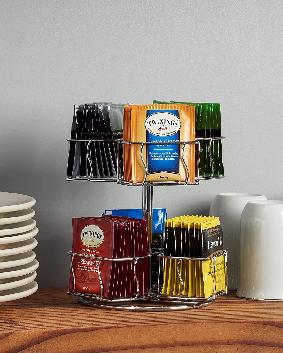 Nifty Tea Bag Spinning Carousel – 6 Compartments, Up to 60 Tea Bags Storage, Spins 360-Degrees, Lazy Susan Platform, Modern Chrome Design, Home or Office Kitchen Counter Organizer