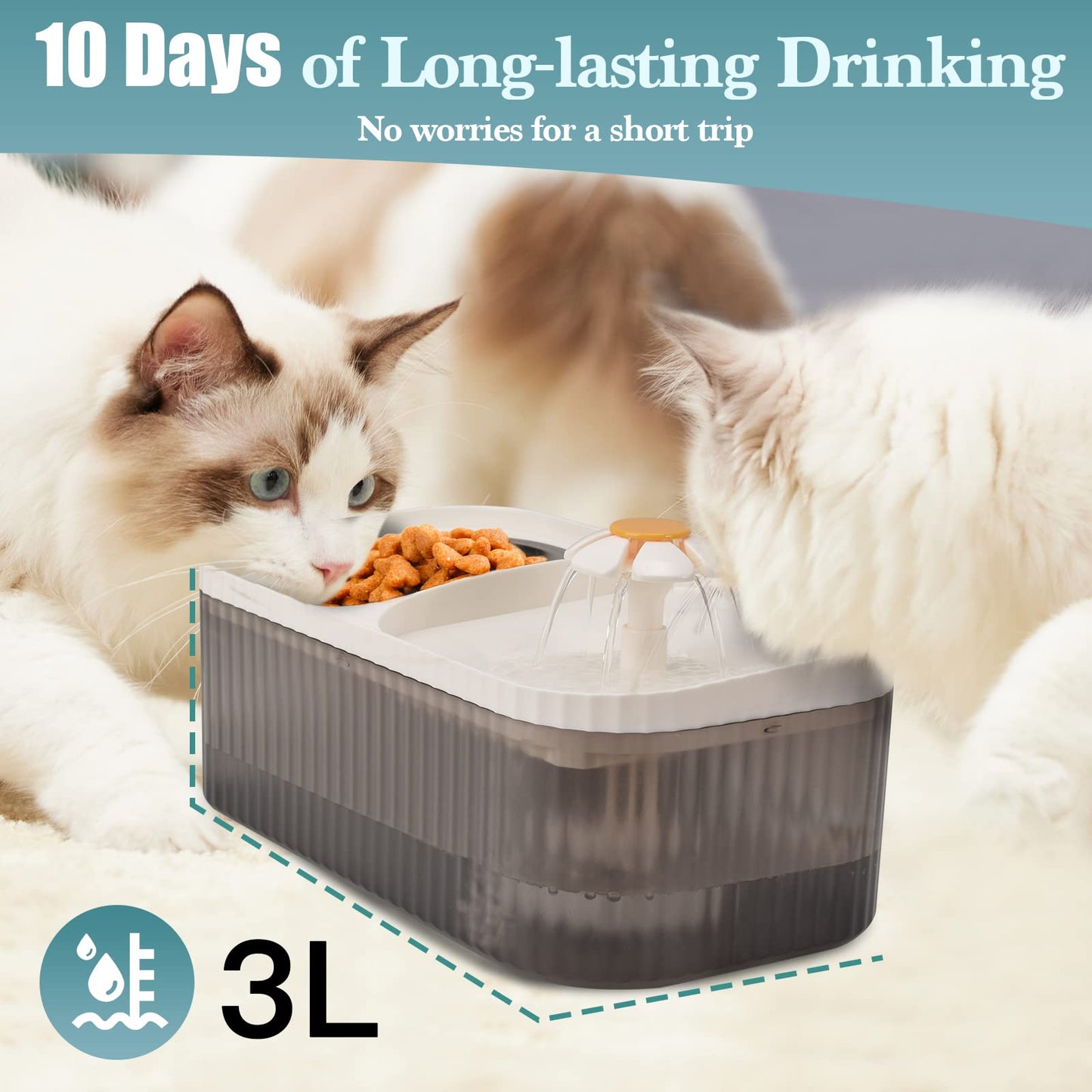 TODDLT Cat Water Fountain - Super Quiet Automatic Pet Water Dispenser, 100oz/3L with Stainless Steel Cat Bowls and Long Life Span Pump