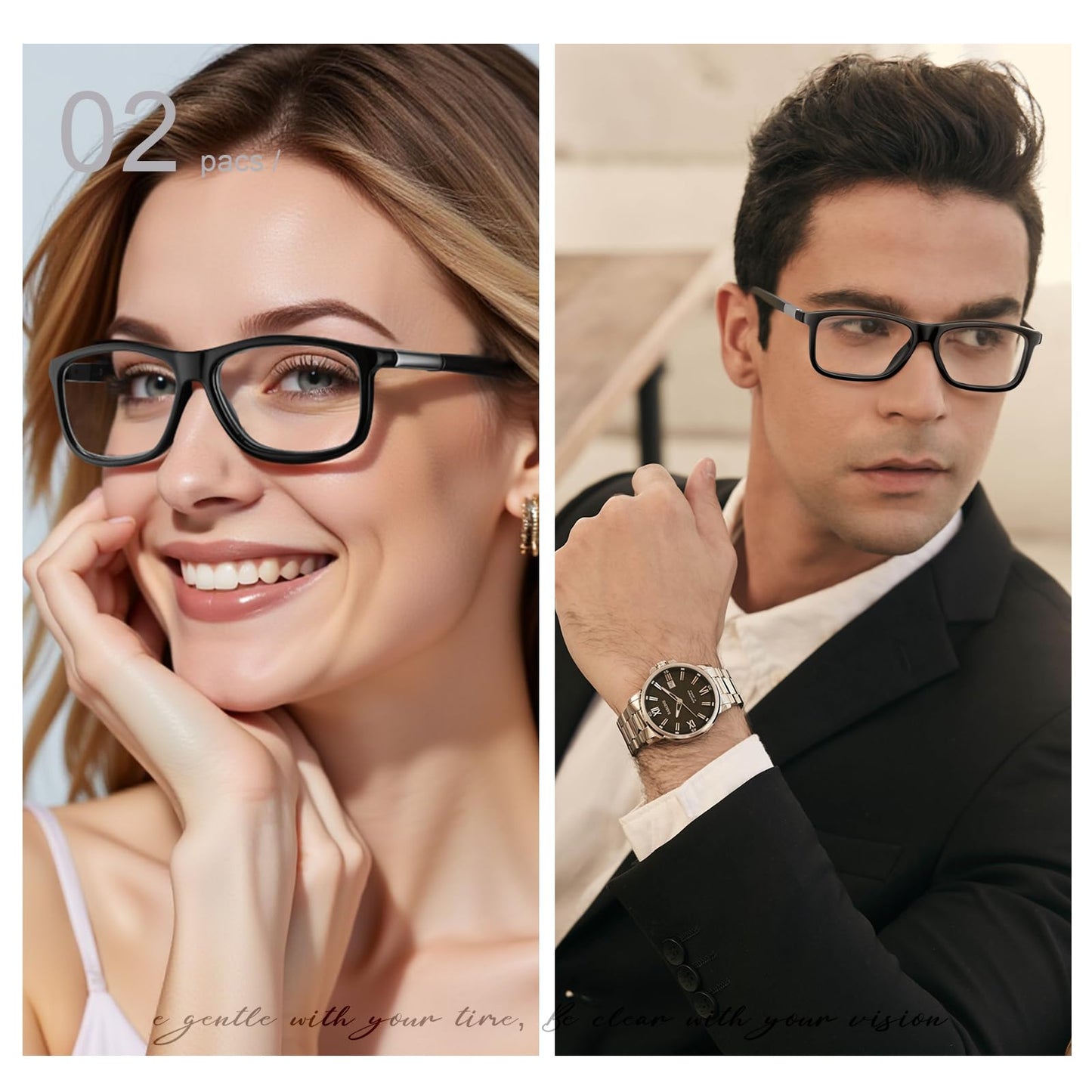 Missfive 2 Pack Classic Progressive Multifocus Reading Glasses for Men, Premium Lightweight TR90 Frame Eyeglasses, Unisex No-line Trifocal Readers for Near Range, Anti Blue Light/UV, 2.5X