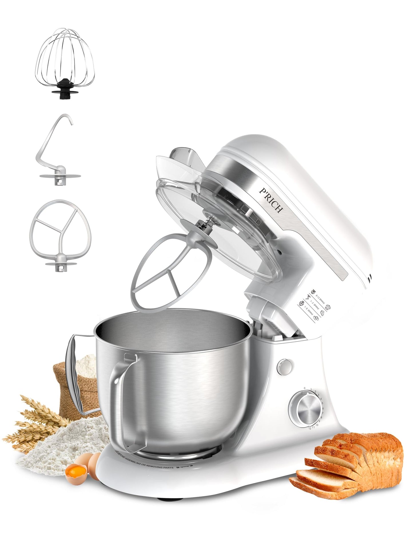 3-IN-1 Electric Stand Mixer, 5.3QT Bowl 12-Speed Kitchen Mixer, Household Food Mixers include Dough Hook, Beater and Whisk, Bread Cake Mixer for Baking and Most Home Cooks,(YM609 White)