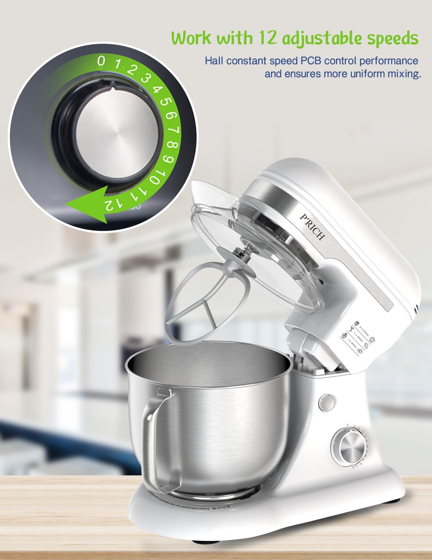 3-IN-1 Electric Stand Mixer, 5.3QT Bowl 12-Speed Kitchen Mixer, Household Food Mixers include Dough Hook, Beater and Whisk, Bread Cake Mixer for Baking and Most Home Cooks,(YM609 White)