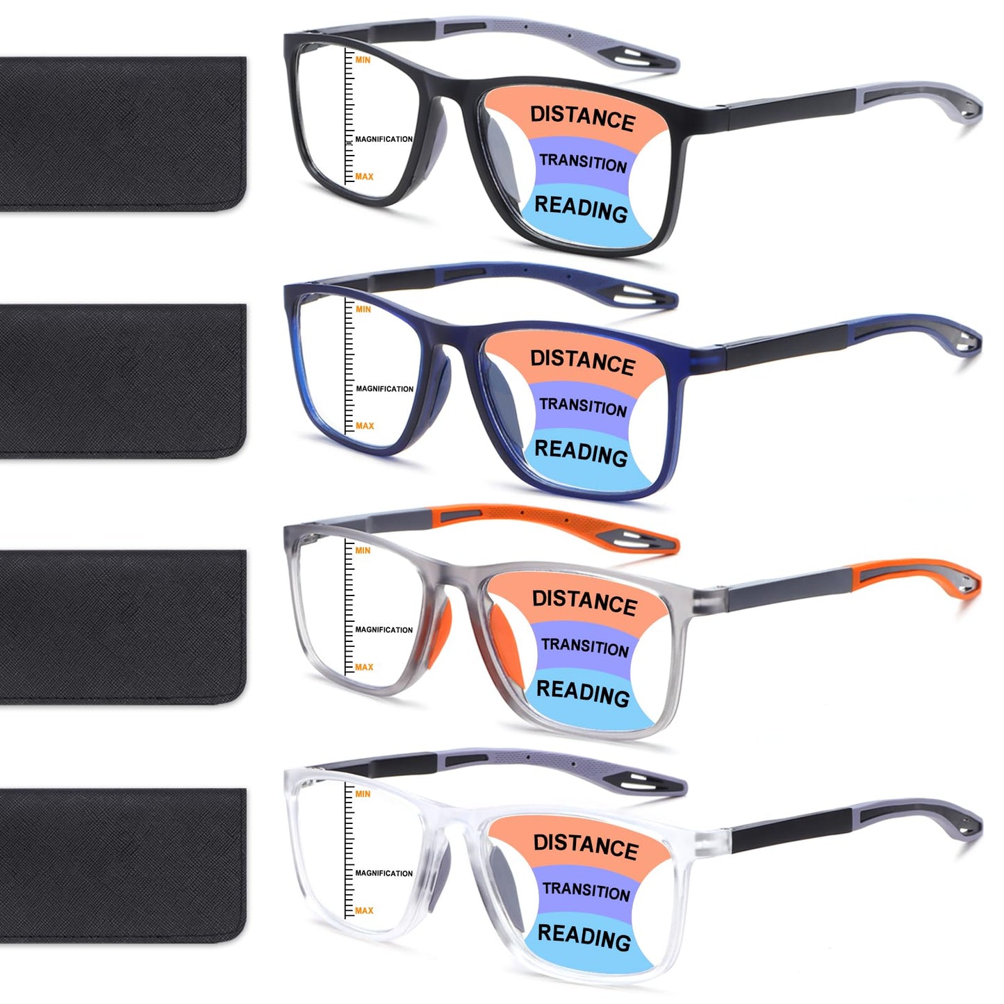 BLOEXCLU 4 Pack Progressive Multifocus Reading Glasses for Men Women TR90 Sports Style Anti-Blue Light Computer Readers (black & blue & grey & transparent, 2.75, x)