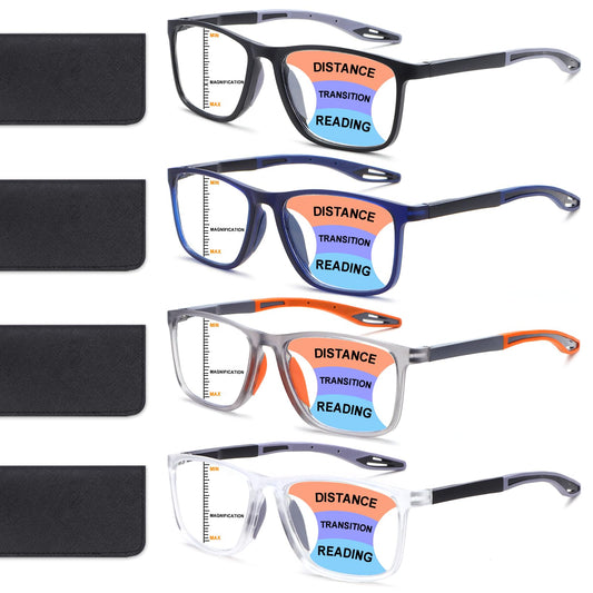 BLOEXCLU 4 Pack Progressive Multifocus Reading Glasses for Men Women TR90 Sports Style Anti-Blue Light Computer Readers (black & blue & grey & transparent, 2.75, x)