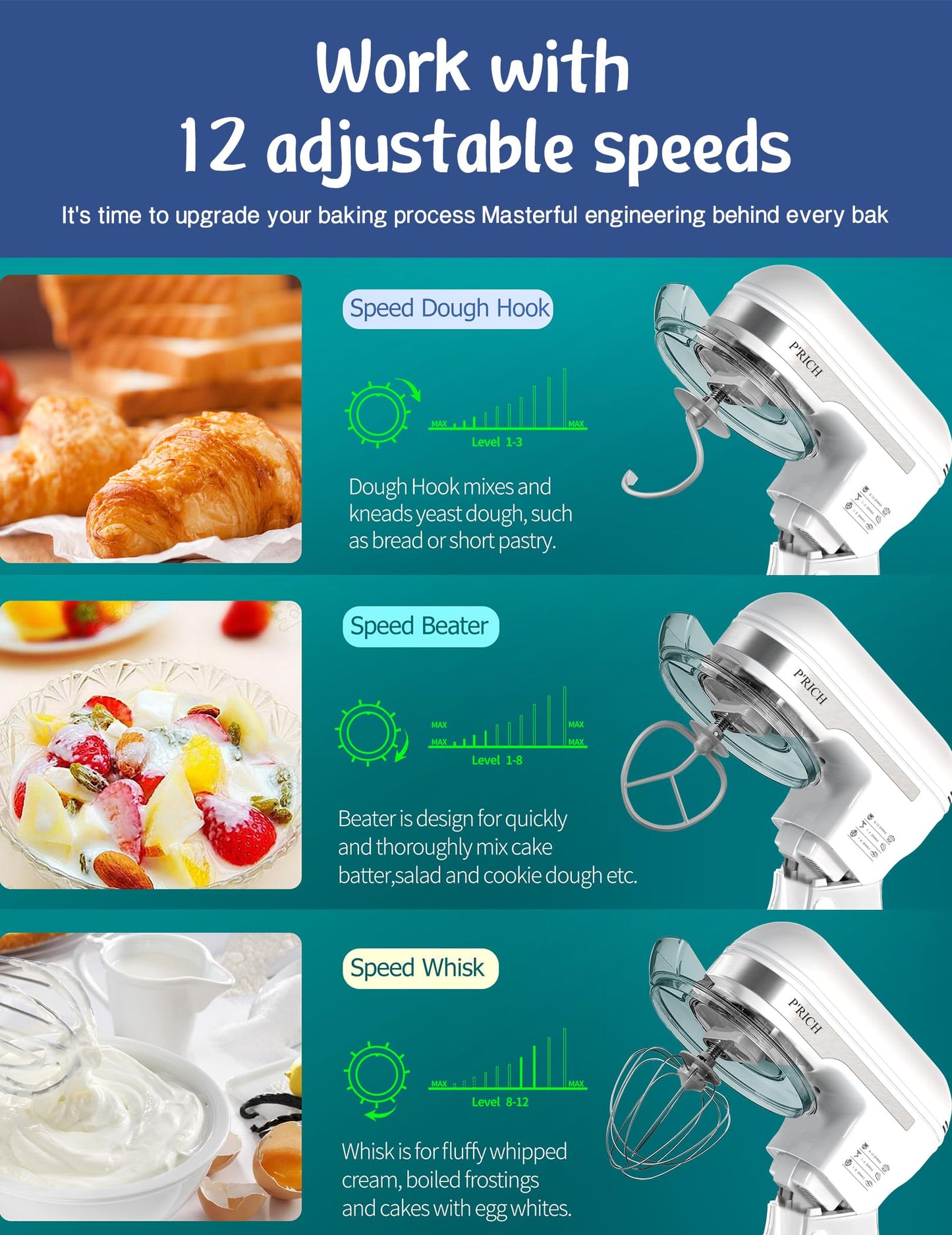 3-IN-1 Electric Stand Mixer, 5.3QT Bowl 12-Speed Kitchen Mixer, Household Food Mixers include Dough Hook, Beater and Whisk, Bread Cake Mixer for Baking and Most Home Cooks,(YM609 White)
