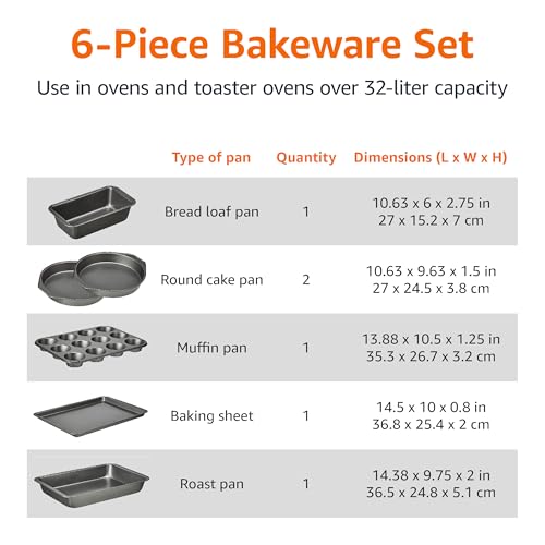 Amazon Basics 6 Piece Nonstick, Carbon Steel Oven Safe Bakeware Set, 16.25 x 11.75 x 6.25 inches