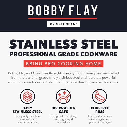 GreenPan x Bobby Flay Stainless Steel 12 Piece Cookware Pots and Pans Set, Professional Grade Tri Ply, PFAS-Free Ceramic Nonstick, Induction Suitable, Dishwasher & Oven Safe, Stay Cool Handles