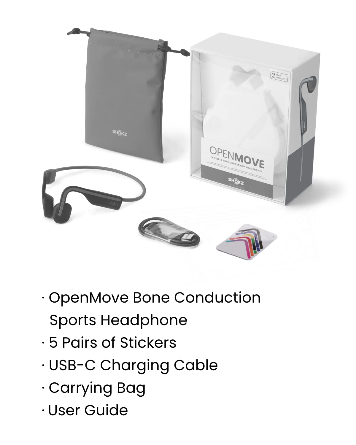 SHOKZ OpenMove - Open-Ear Bluetooth Sport Headphones, Bone Conduction Wireless Earphones, Sweatproof for Running and Workouts, with Sticker Pack, Grey