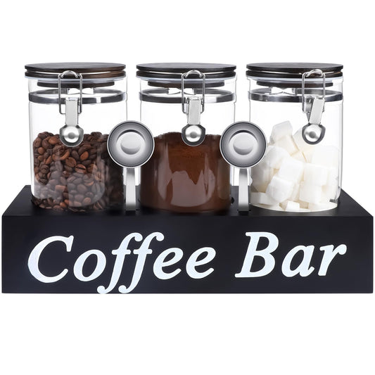 WYTAOHZL 3PCS Glass Coffee Containers with Shelf 54 oz Coffee Station Organizer Glass Coffee Bean Storage with Spoon Coffee Canister Set Jars with Airtight Locking Clamp for Coffee Bean Ground Nuts