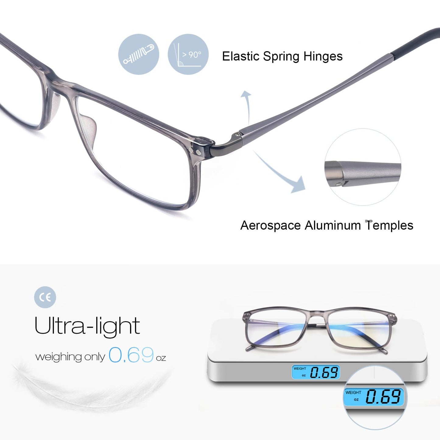 2 Pack Ultra Light Progressive Multifocus Reading Glasses Men, Aluminum Arm TR90 Frame Blue Light Blocking Multifocal Computer Readers Spring Hinge No Line (for Mid-Near Range approx 3ft)+1.50 Gray