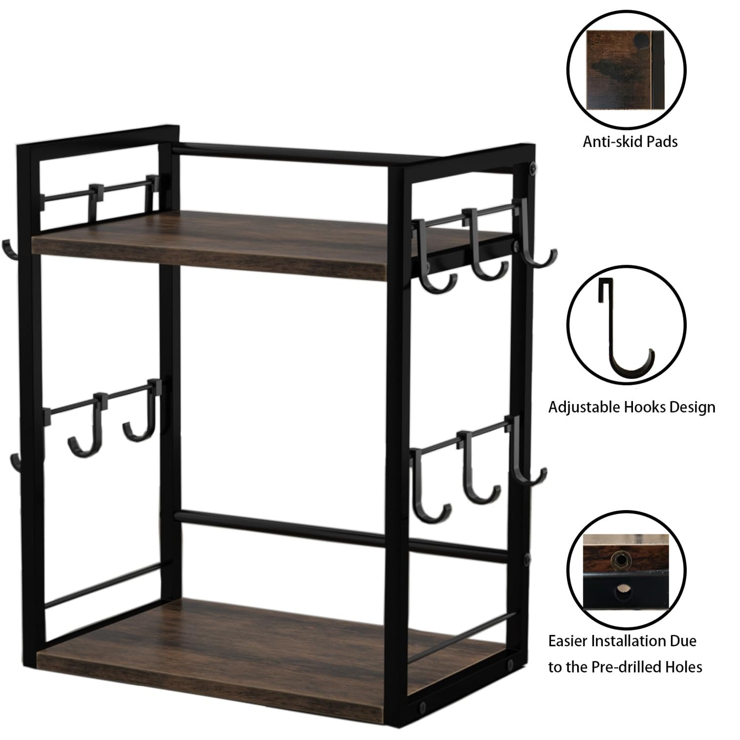 Dorhors 2 Tier Coffee Bar Accessories and Organizer,Multi-functional Mug Holder with 12 Hooks,Wood Coffee Station Organizer,Kitchen Countertop Shelf