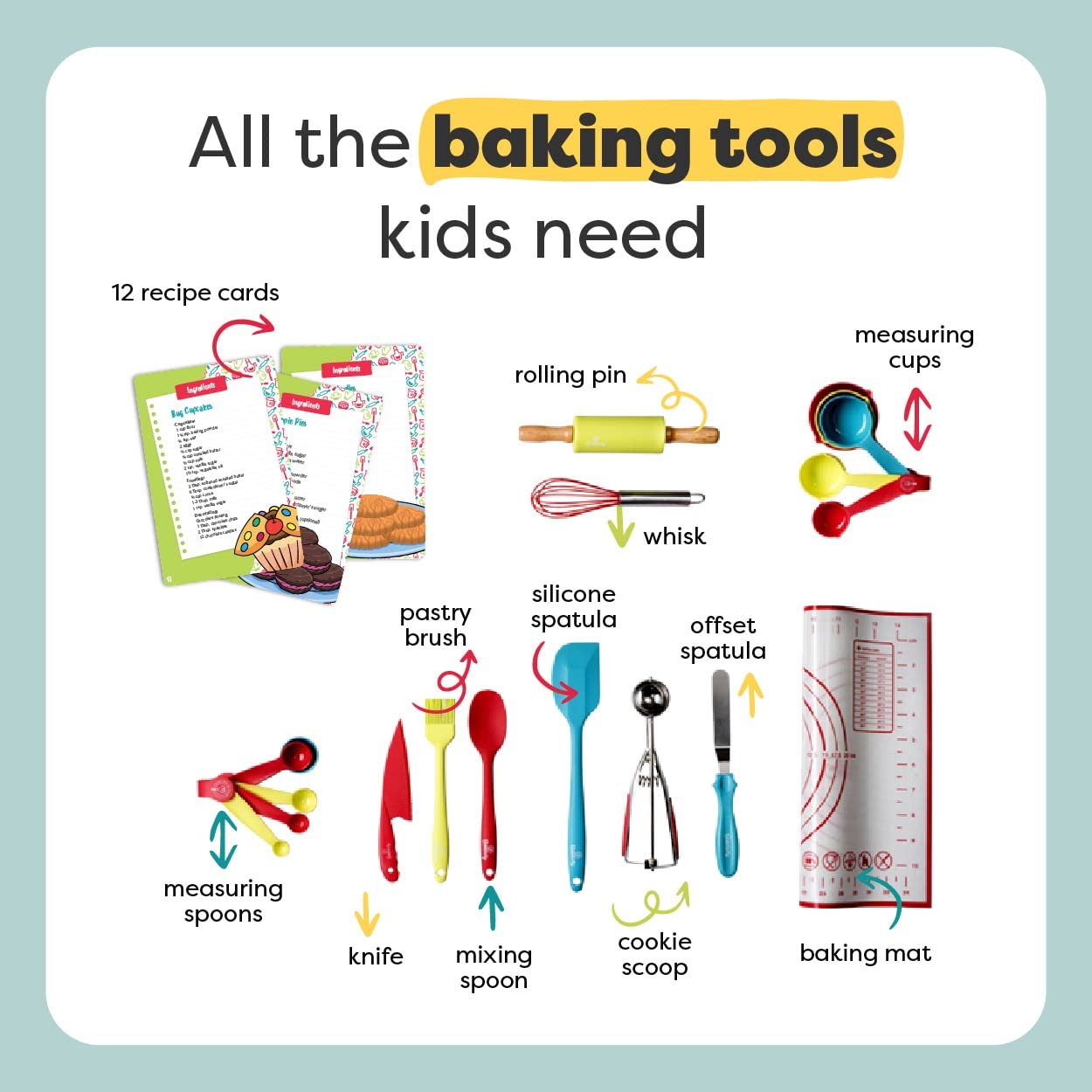 Baketivity 31 Pcs Kids Cooking & Baking Set with Kids Knife & Real Cooking Utensils - Kid Safe Knife & Cooking Tools - Kids Baking Set Gift for Girls & Boys Including Nylon Knife for Kids