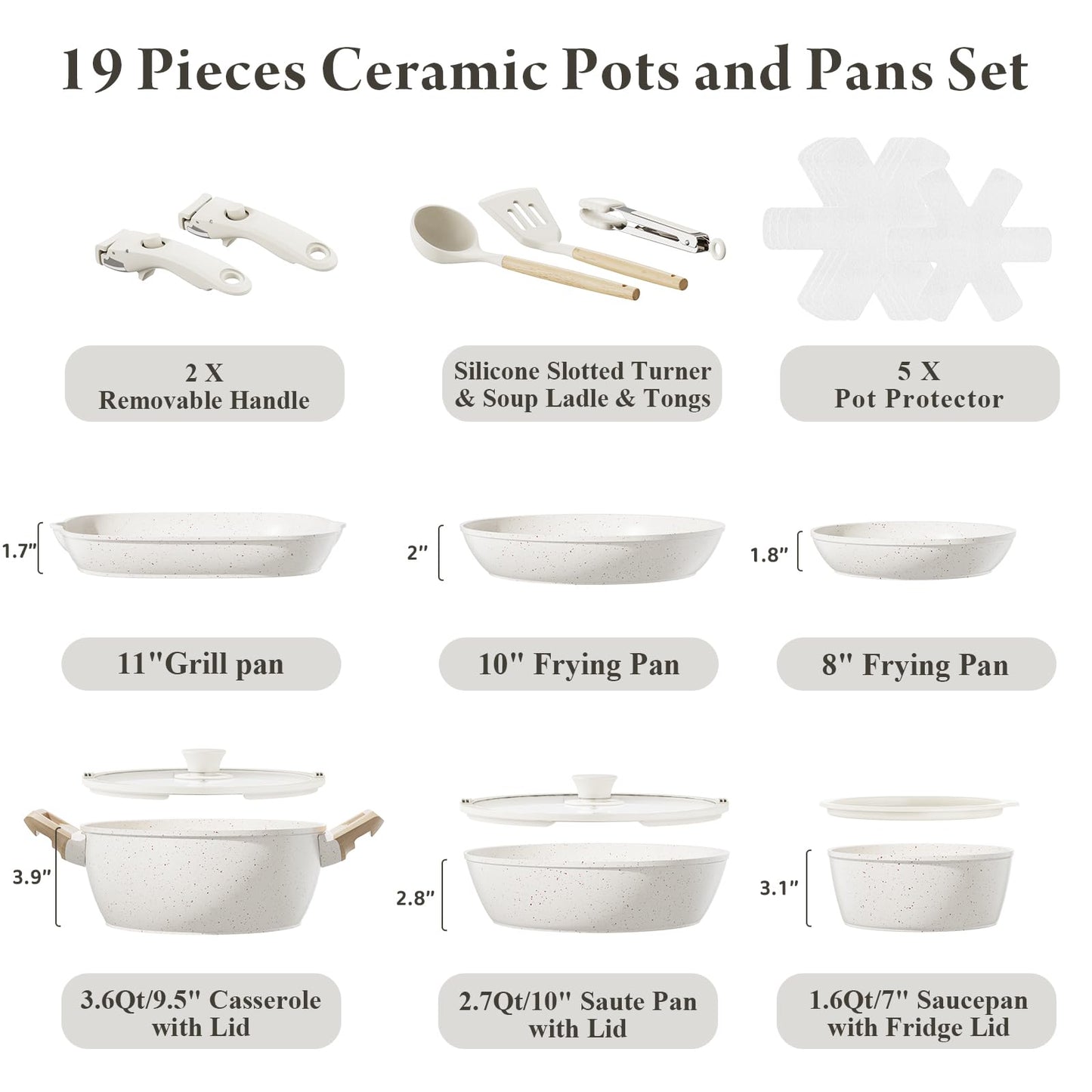 Bazova 19 Pcs Pots and Pans Set Non Stick Ceramic Cookware Set with Removable Handles, Non Toxic Induction Kitchen Cookware Sets RV Cookware,Dishwasher/Oven Safe PFAS/PTFE/PFOA Free Cream White