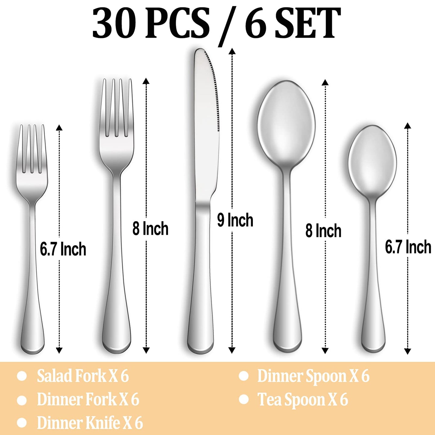 MUTNITT 30 Pcs Silverware Set, Premium Stainless Steel Flatware, Mirror Polished Cutlery, Durable Kitchen Eating Tableware, Includes Fork, Knife, Spoon, Dishwasher Safe