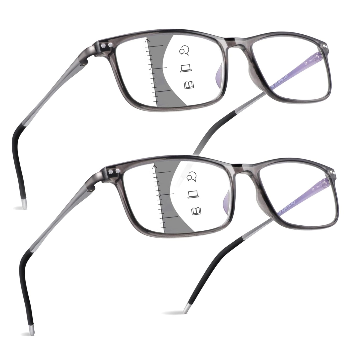 2 Pack Ultra Light Progressive Multifocus Reading Glasses Men, Aluminum Arm TR90 Frame Blue Light Blocking Multifocal Computer Readers Spring Hinge No Line (for Mid-Near Range approx 3ft)+1.50 Gray