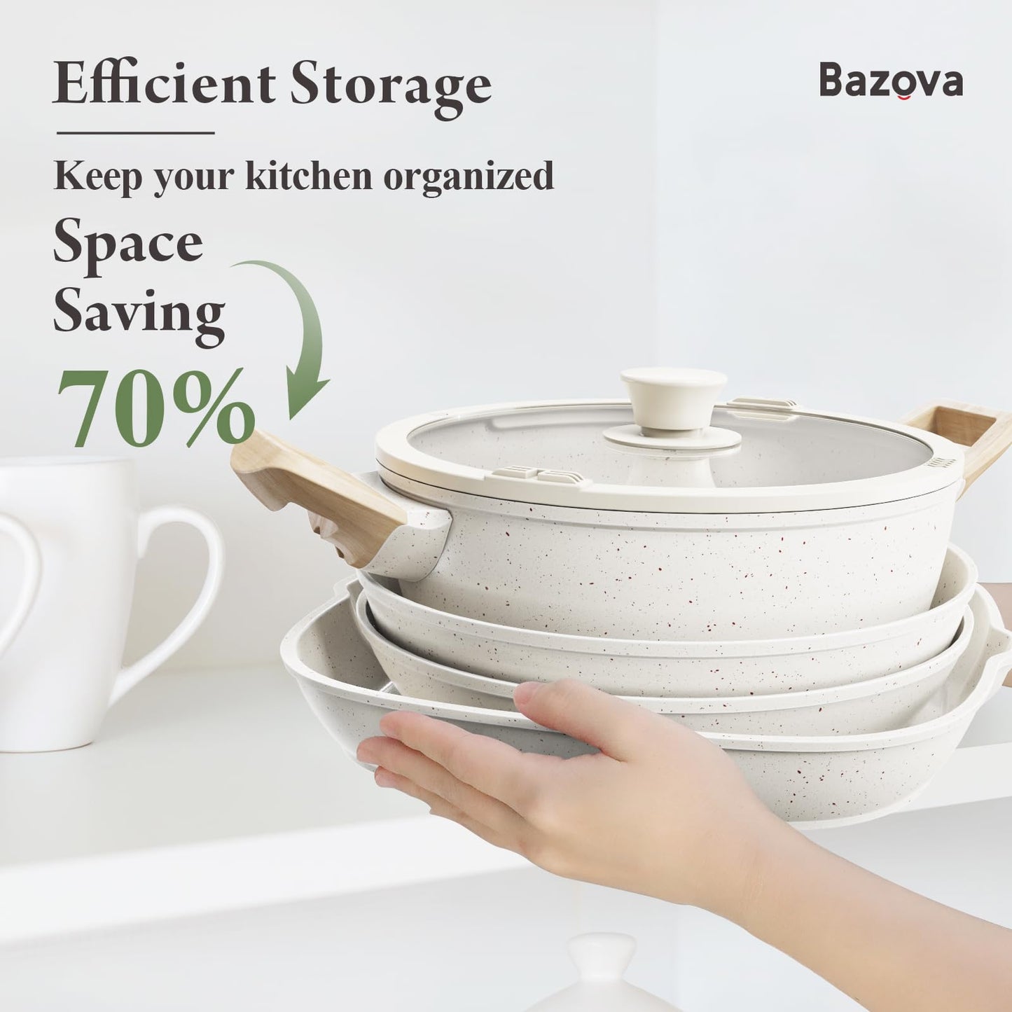 Bazova 19 Pcs Pots and Pans Set Non Stick Ceramic Cookware Set with Removable Handles, Non Toxic Induction Kitchen Cookware Sets RV Cookware,Dishwasher/Oven Safe PFAS/PTFE/PFOA Free Cream White