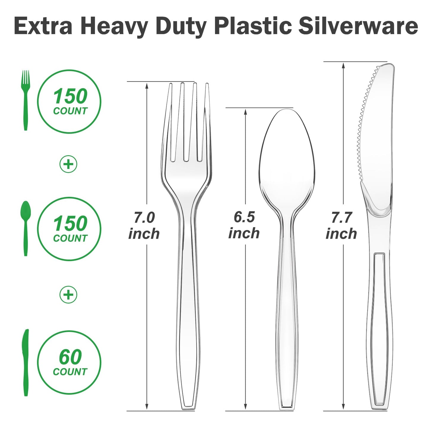 Dealusy 360 Count Extra Heavy Duty Clear Plastic Silverware, 150 Forks, 150 Spoons, 60 Knives, BPA-Free, Heat Resistant, Disposable Plastic Utensils Set, Plastic Cutlery Set, Plasticware Bulk