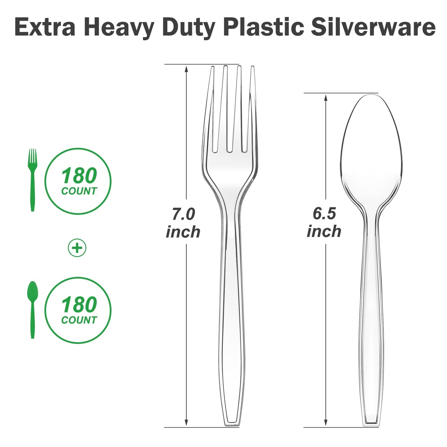 Dealusy 360 Count Extra Heavy Duty Clear Plastic Forks and Spoons, 180 Forks & 180 Spoons, Heat Resistant, Disposable Plastic Silverware, Disposable Spoons and Forks Set Plastic