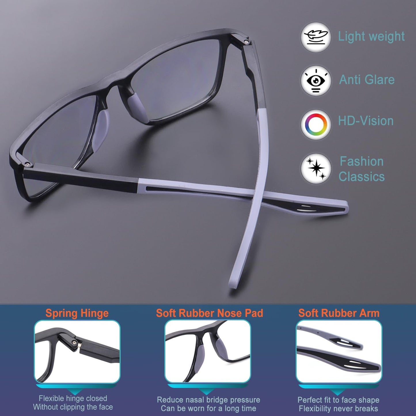 BLOEXCLU 4 Pack Progressive Multifocus Reading Glasses for Men Women TR90 Sports Style Anti-Blue Light Computer Readers (black & blue & grey & transparent, 2.75, x)