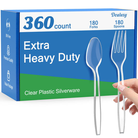 Dealusy 360 Count Extra Heavy Duty Clear Plastic Forks and Spoons, 180 Forks & 180 Spoons, Heat Resistant, Disposable Plastic Silverware, Disposable Spoons and Forks Set Plastic