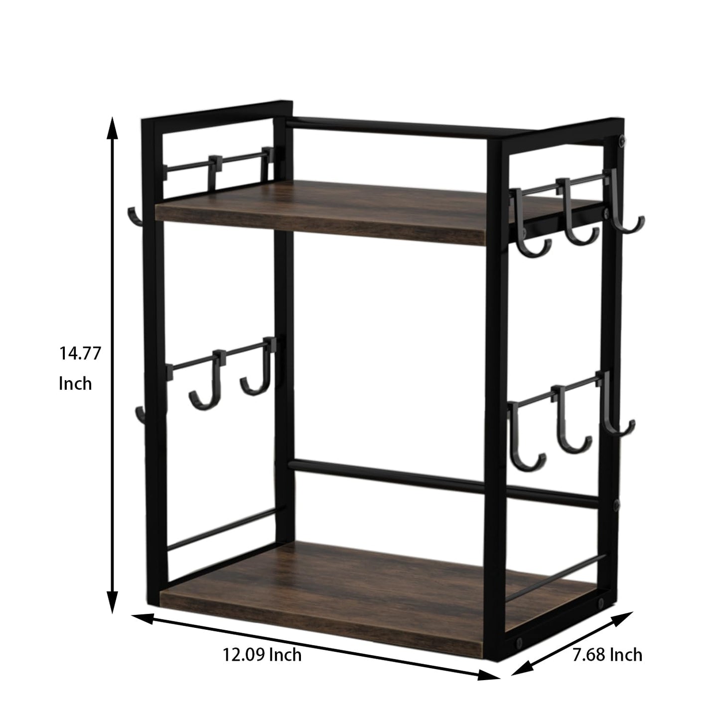 Dorhors 2 Tier Coffee Bar Accessories and Organizer,Multi-functional Mug Holder with 12 Hooks,Wood Coffee Station Organizer,Kitchen Countertop Shelf