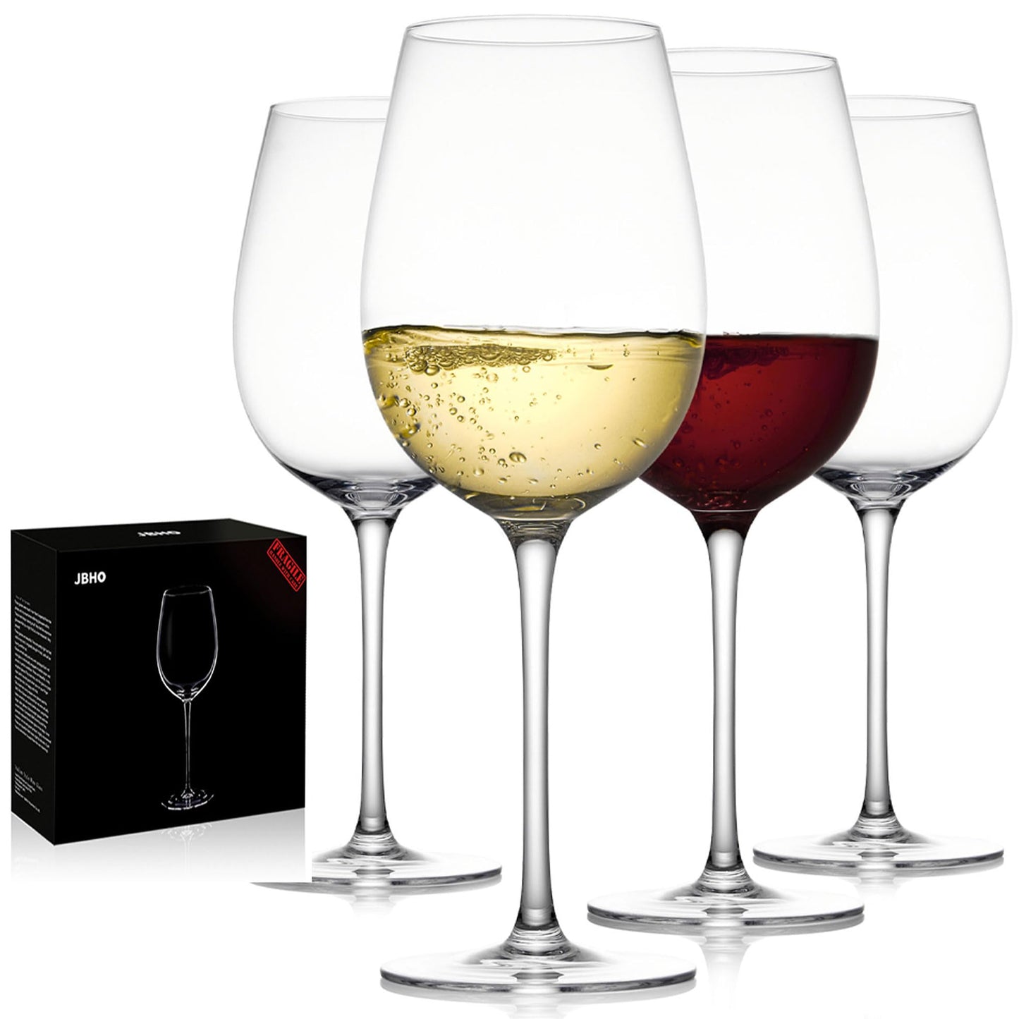 JBHO Hand Blown Italian Style Crystal White or Red Wine Glasses - Gift Packaging for Any Occasion - Lead-Free Premium Crystal Clear Glass - Set of 4-18 Ounce