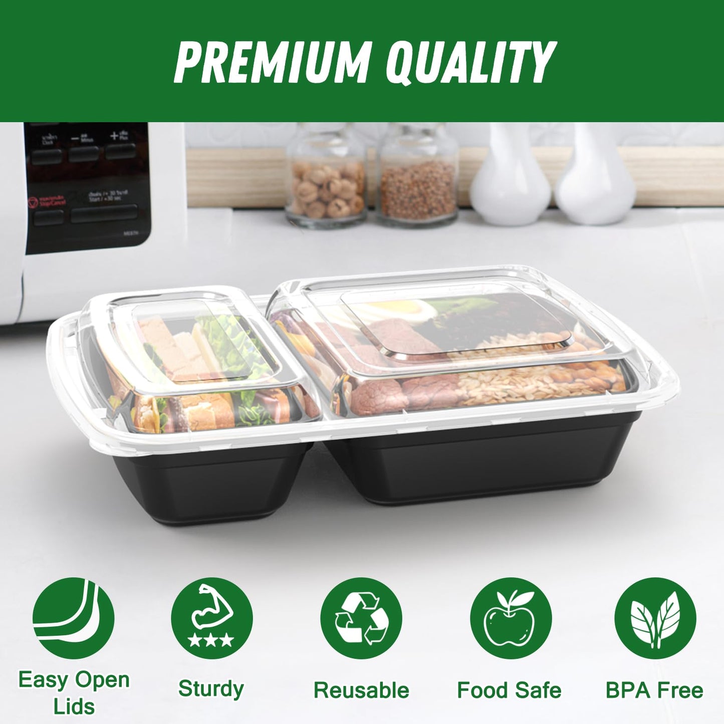 50 Pack (100-Piece) 28 oz Meal Prep Containers Reusable with Lids 2-Compartment, Sturdy Leakproof Food Safe, Microwave Freezer Dishwasher Safe, To Go Take Out Plastic Food Storage, Black