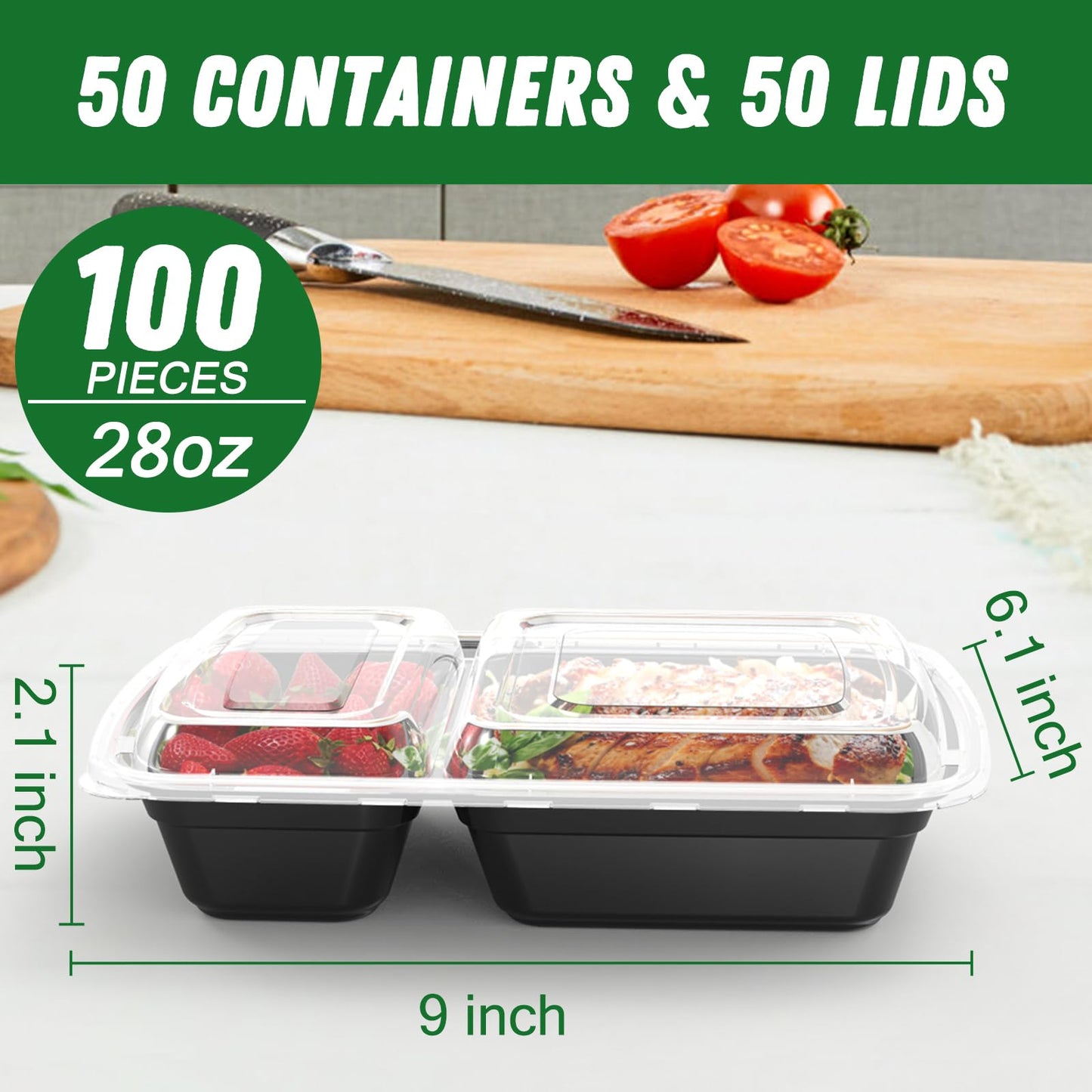 50 Pack (100-Piece) 28 oz Meal Prep Containers Reusable with Lids 2-Compartment, Sturdy Leakproof Food Safe, Microwave Freezer Dishwasher Safe, To Go Take Out Plastic Food Storage, Black