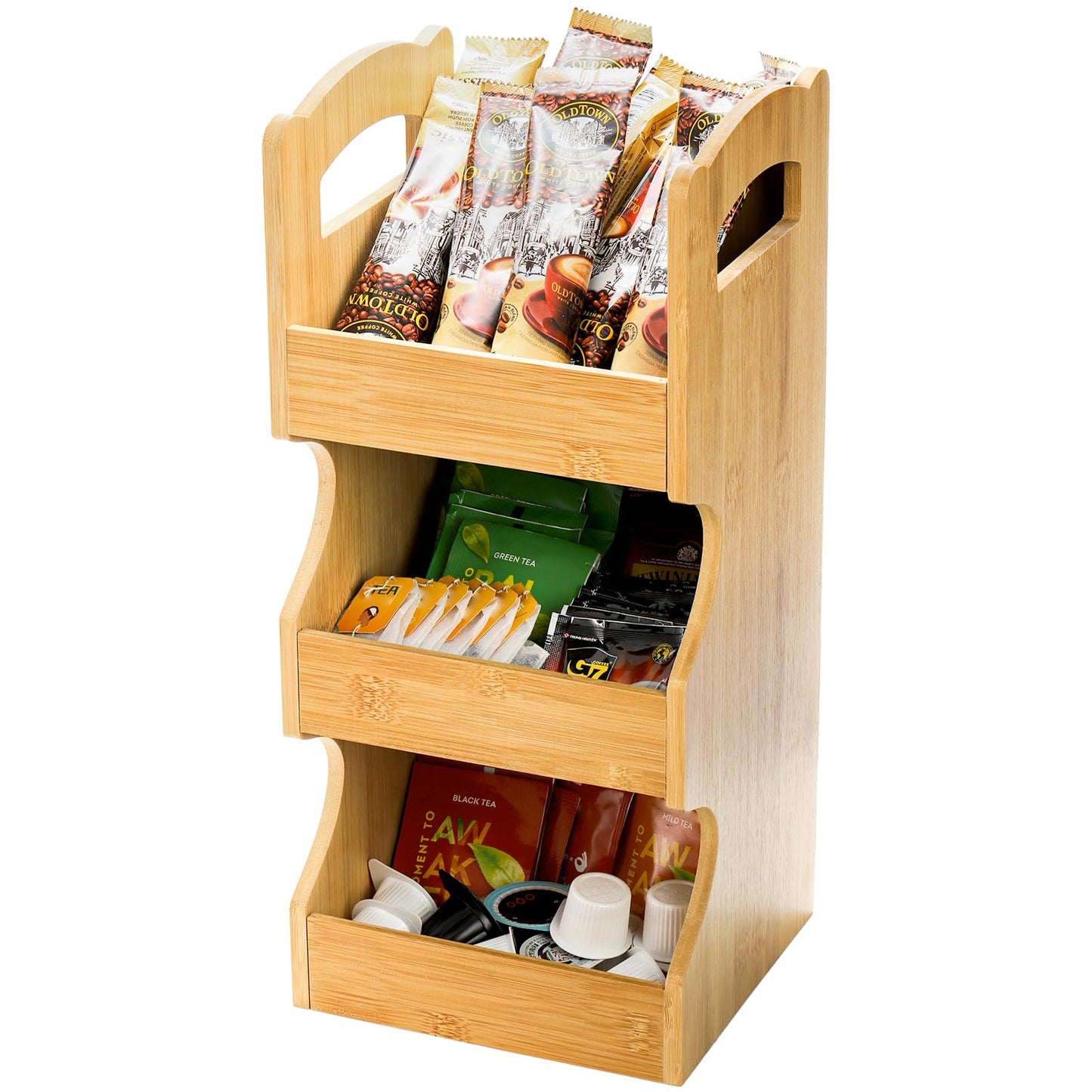 Foraineam Tea Bag Organizer Bamboo Coffee Condiment and Accessories Storage Holder, 3 Tier Teabag Shelf Coffee Pod Organizer Caddy Storage Box, Vertical Coffee Tea Packet Rack for Home, Office, Café