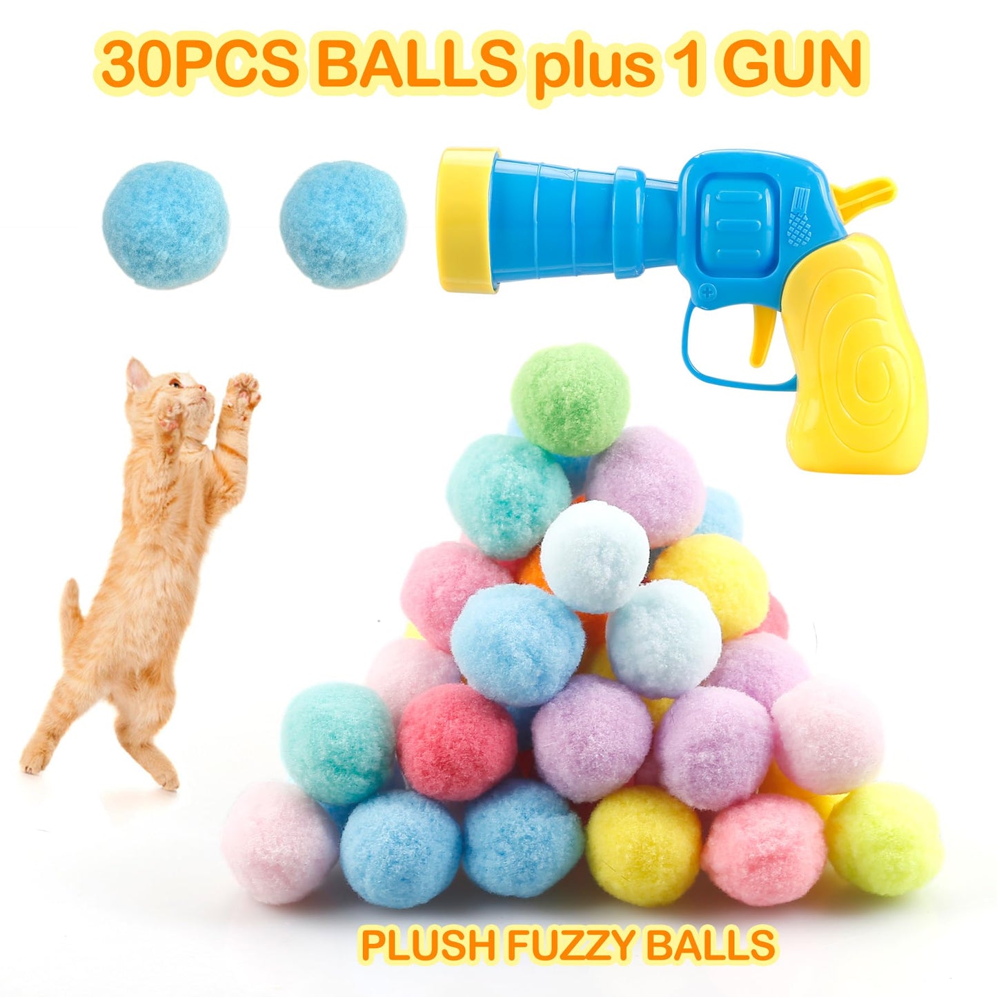 MeoHui 31Pcs Cat Ball Toy Launcher Gun,Cat Balls Fetch Toy,30Pcs Plush Fuzzy Balls Launcher Cat Toy for Cats with 1 Gun,Funny Interactive Cat Toys for Bored Indoor Adult Cats,Cute Kitten Kitty Toys