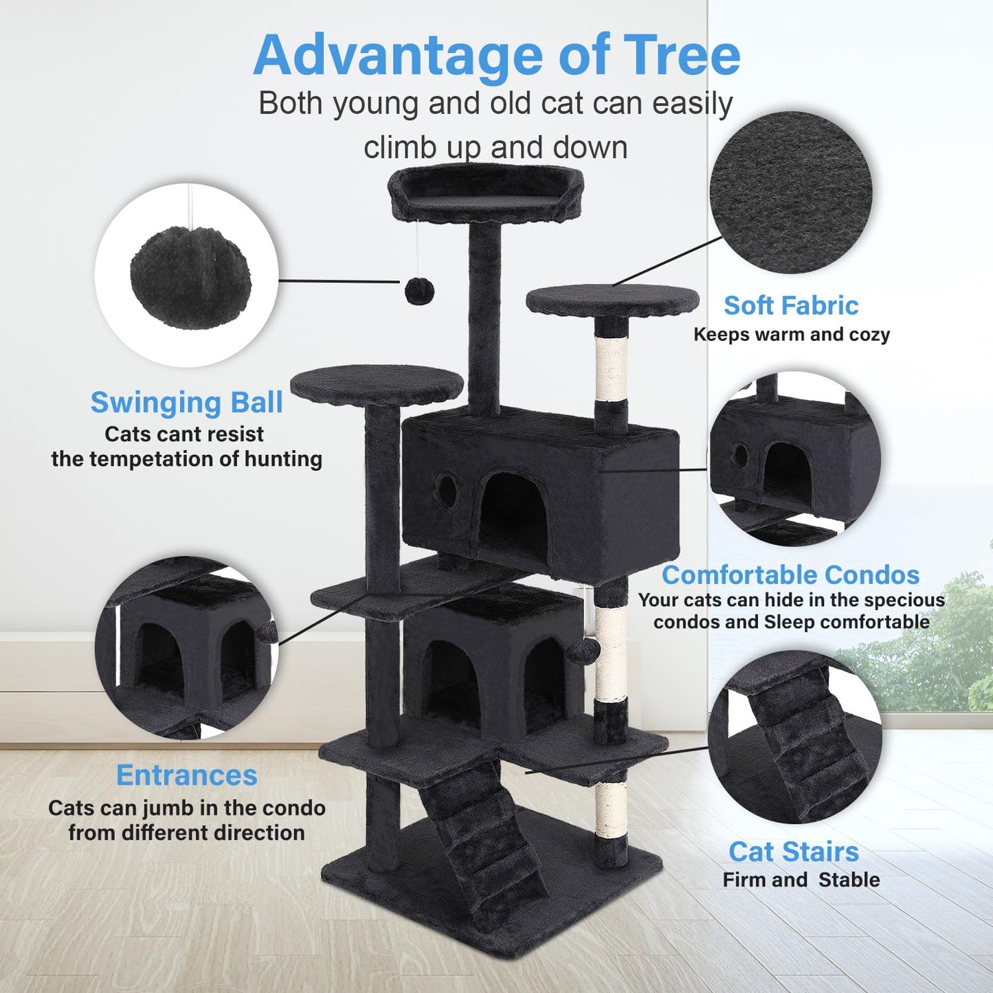 FDW Cat Tree 54in Cat Tower Multi-Level Durable Cat Scratching Post & Cozy Fun Cat Jumping Platform Space Saving Cat Condo Pet Play House for Indoor Cats,Dark Gray