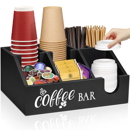 Coffee Station Organizer, Coffee Cup Holder for Counter, Wood Coffee Pod Holder Storage Basket, Coffee and Tea Condiment Organizer for K Cup Sugar, Rustic Coffee Bar Decor for Coffee Accessories