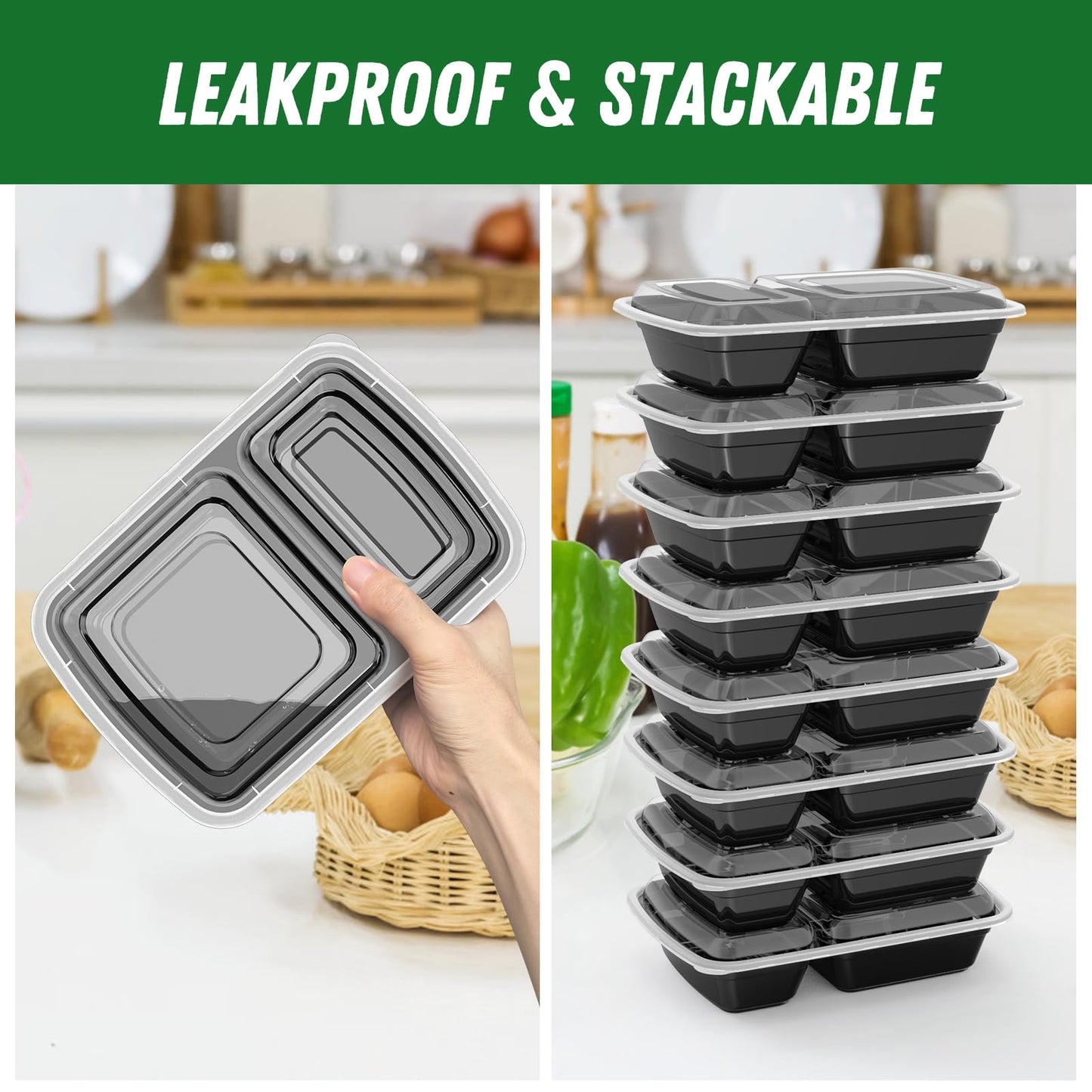 50 Pack (100-Piece) 28 oz Meal Prep Containers Reusable with Lids 2-Compartment, Sturdy Leakproof Food Safe, Microwave Freezer Dishwasher Safe, To Go Take Out Plastic Food Storage, Black