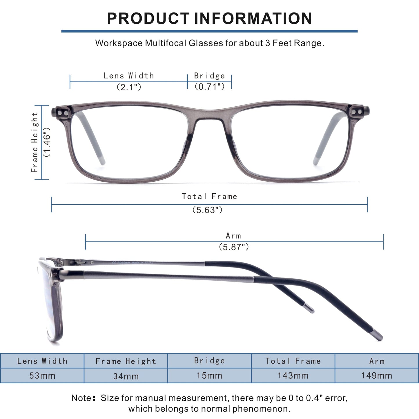 2 Pack Ultra Light Progressive Multifocus Reading Glasses Men, Aluminum Arm TR90 Frame Blue Light Blocking Multifocal Computer Readers Spring Hinge No Line (for Mid-Near Range approx 3ft)+1.50 Gray