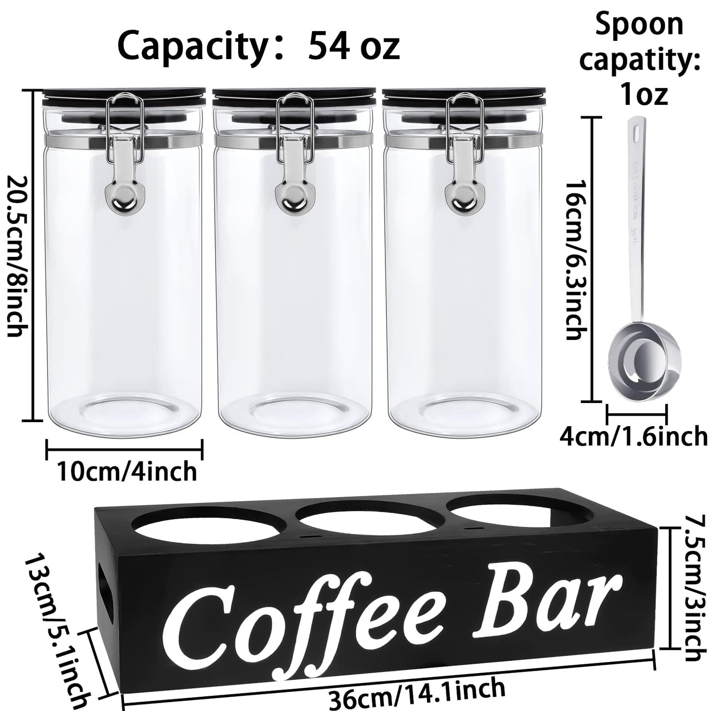 WYTAOHZL 3PCS Glass Coffee Containers with Shelf 54 oz Coffee Station Organizer Glass Coffee Bean Storage with Spoon Coffee Canister Set Jars with Airtight Locking Clamp for Coffee Bean Ground Nuts