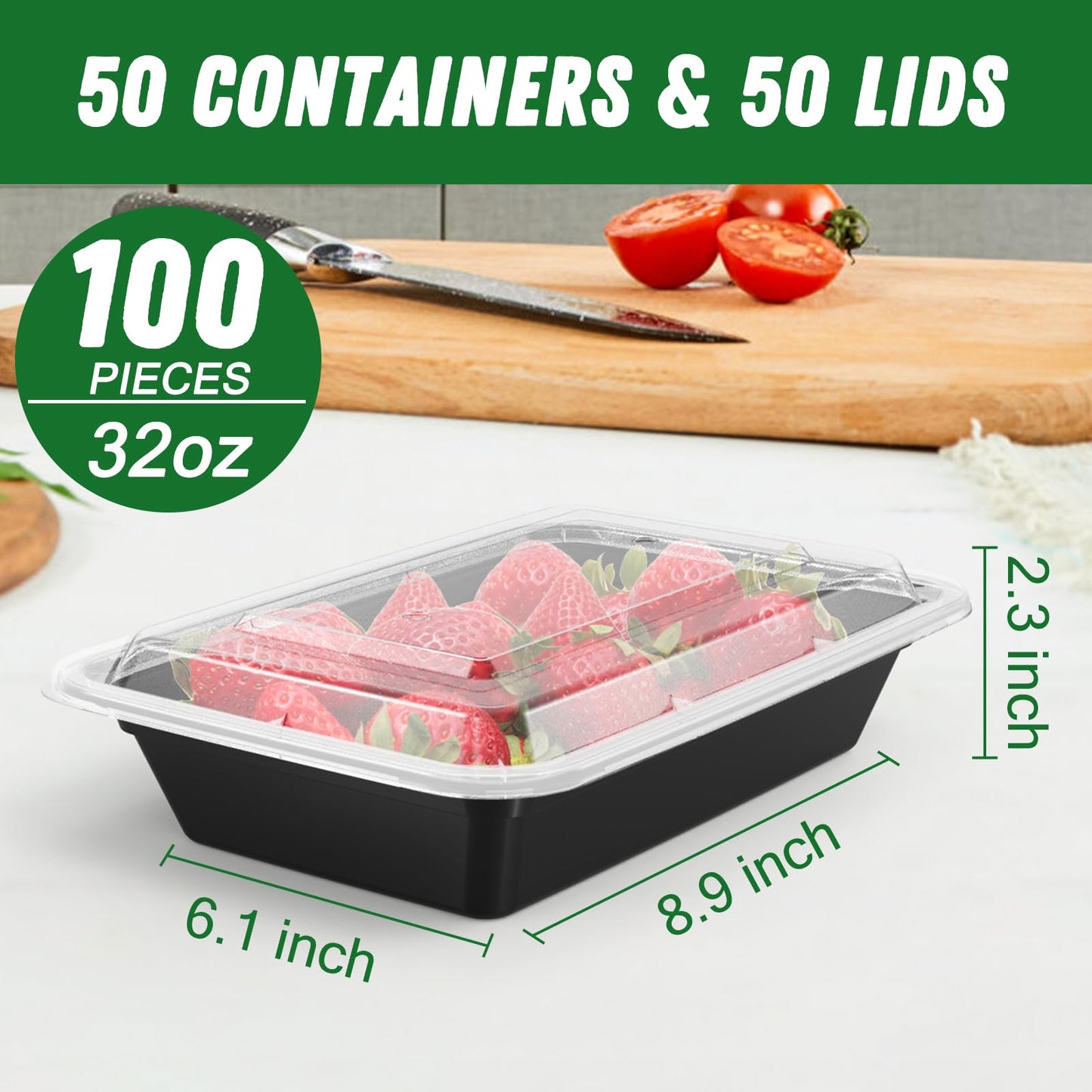 50 Pack (100-Piece) 32 oz Meal Prep Containers Reusable with Easy Open Lids, Sturdy Leakproof Food Safe, Microwave Freezer Dishwasher Safe, To Go Take Out Plastic Food Storage Pans with Lids, Black