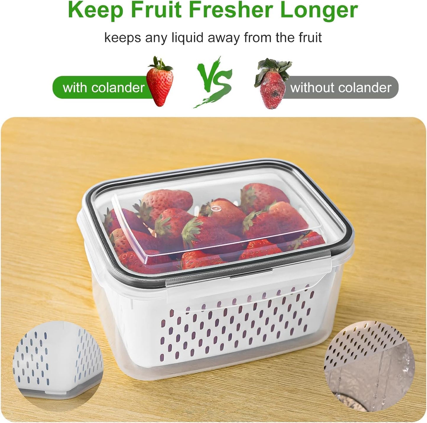 4 PCS Fruit Storage Containers for Fridge with Removable Colander, Airtight Food Storage Container, Dishwasher Safe Produce Saver Container for Refrigerator, Keep Berry Fruit Vegetable Fresh Longer