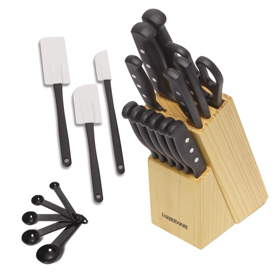 Farberware Triple Rivet High-Carbon Stainless Steel Knife Block and Kitchen Tool Set Precision Cutlery, 22 piece, Black