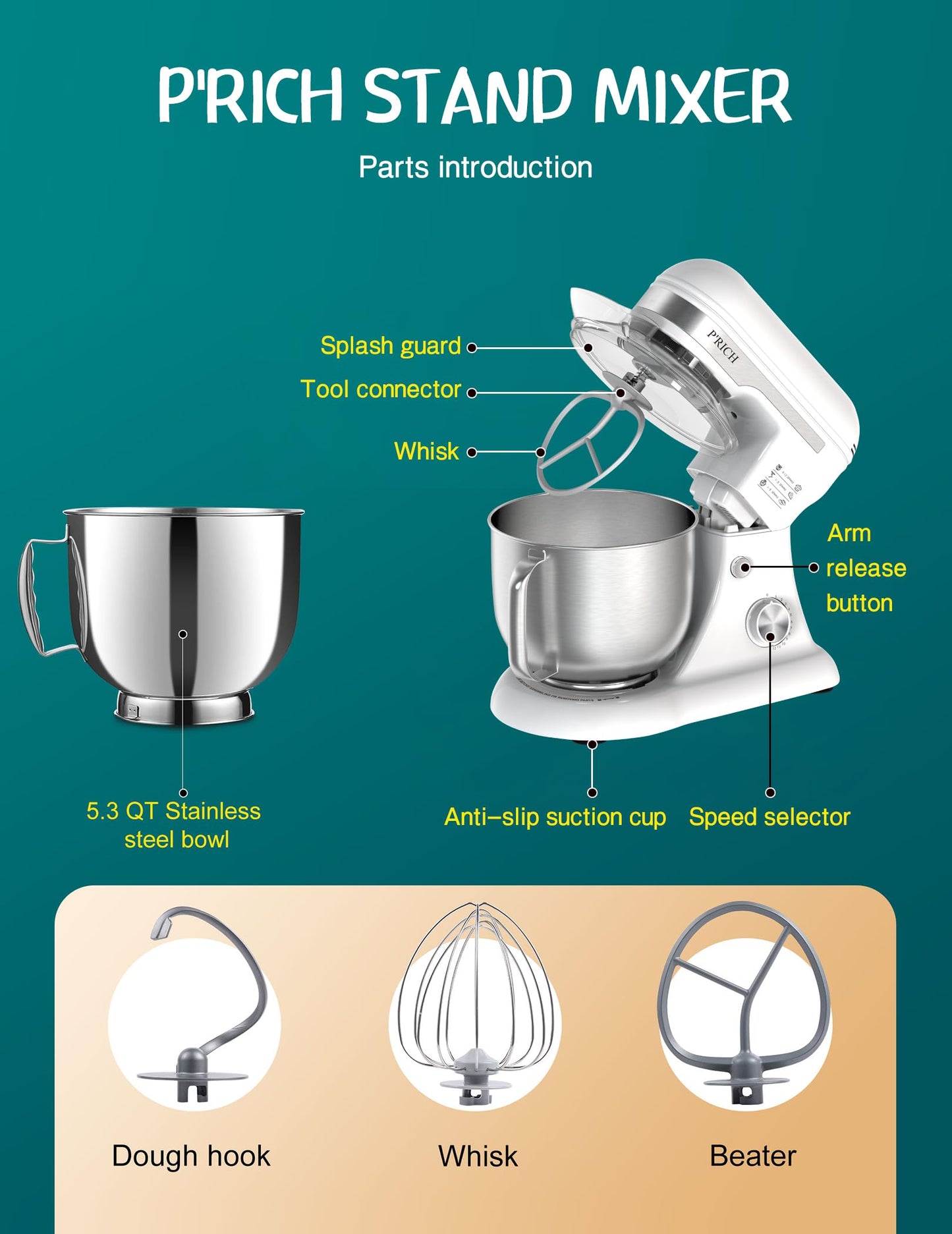 3-IN-1 Electric Stand Mixer, 5.3QT Bowl 12-Speed Kitchen Mixer, Household Food Mixers include Dough Hook, Beater and Whisk, Bread Cake Mixer for Baking and Most Home Cooks,（YM609 White）