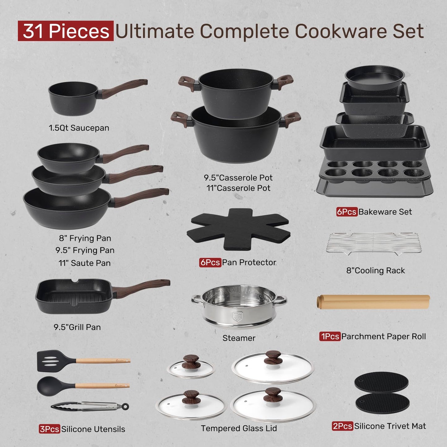 Kikcoin 31 Pcs Kitchen Cookware Set, Non Stick Pots and Pans Set Bakeware Set Nonstick Cooking Set with Baking Pans, Frying Pans, Saucepan, Grill Pan, Utensils