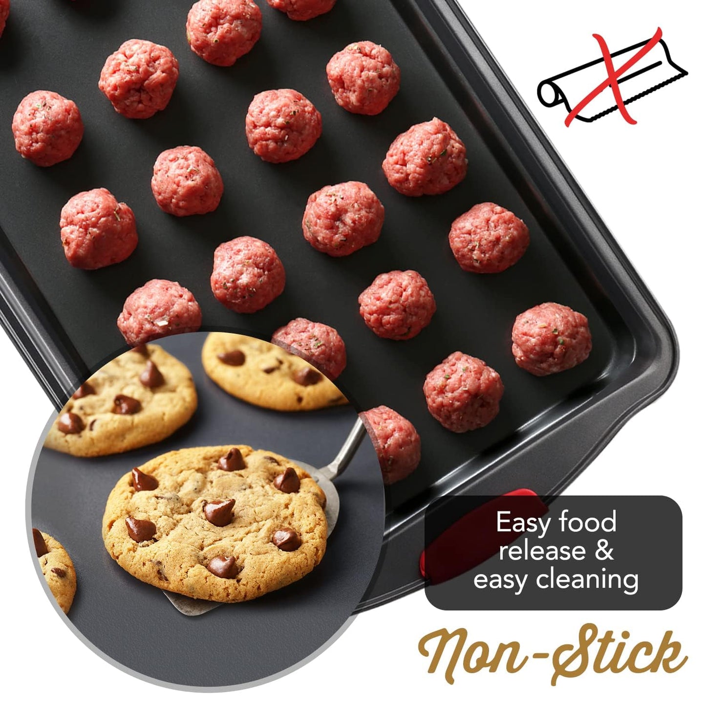 Baking Sheet Set, 3-Piece Cookie Sheet Set with Silicone Handles, Steel Baking Pans Set, Durable Baking Sheets for Oven, BPA Free Cookie Sheets for Baking Nonstick Set, Sheet Pan - Black Baking Pan