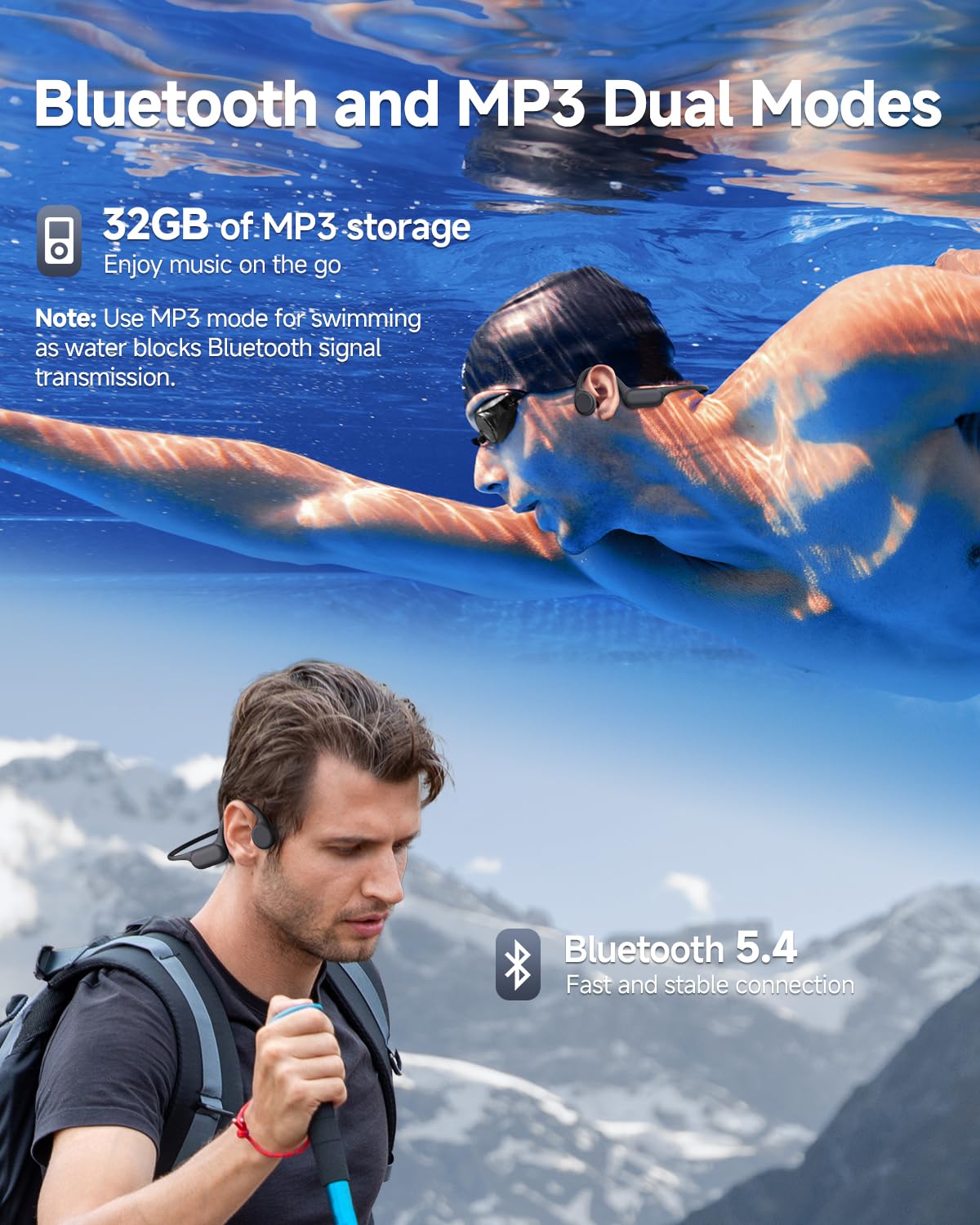 PSIER Bone Conduction Headphones IPX8 Waterproof Swimming Headphones Open Ear Headphones with MP3 Mode 32GB Memory Up to 8 Hours Playtime Bluetooth 5.4 Headphones Secure Fit for Running and Fitness