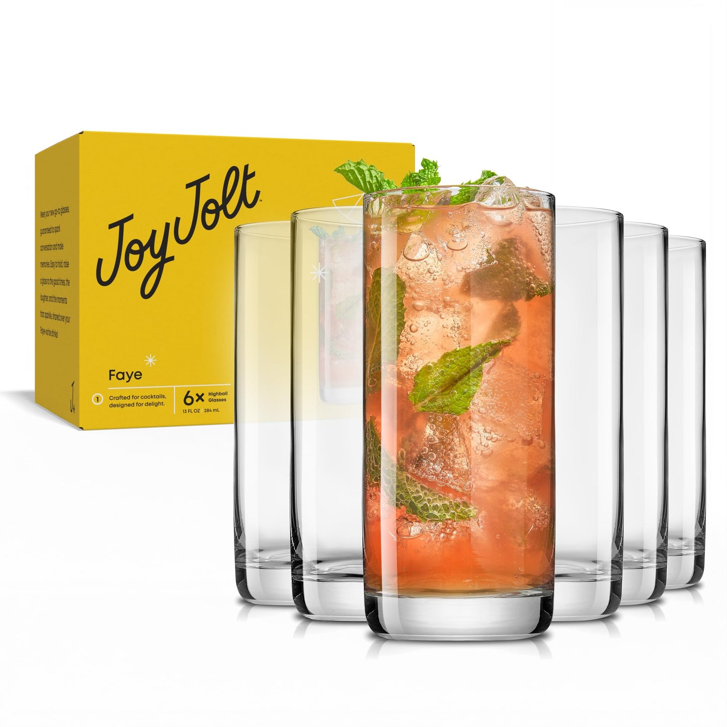 JoyJolt Faye 13oz Highball Glasses, 6pc Tall Glass Sets. Lead-Free Crystal Drinking Glasses. Water Glasses, Mojito Glass Cups, Tom Collins Bar Glassware, and Mixed Drink Cocktail Glass Set