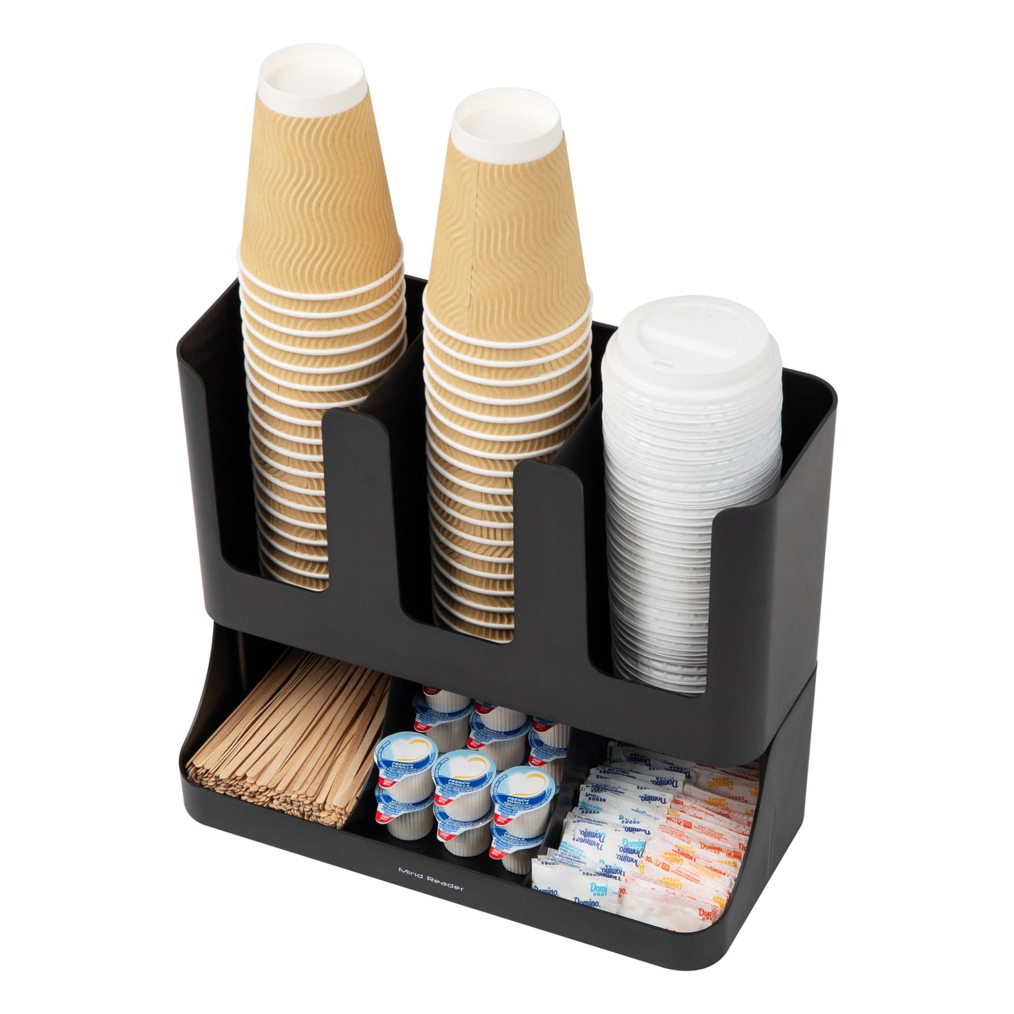 Mind Reader 6 Compartment Upright Breakroom Coffee Condiment and Cup Storage Organizer, Black