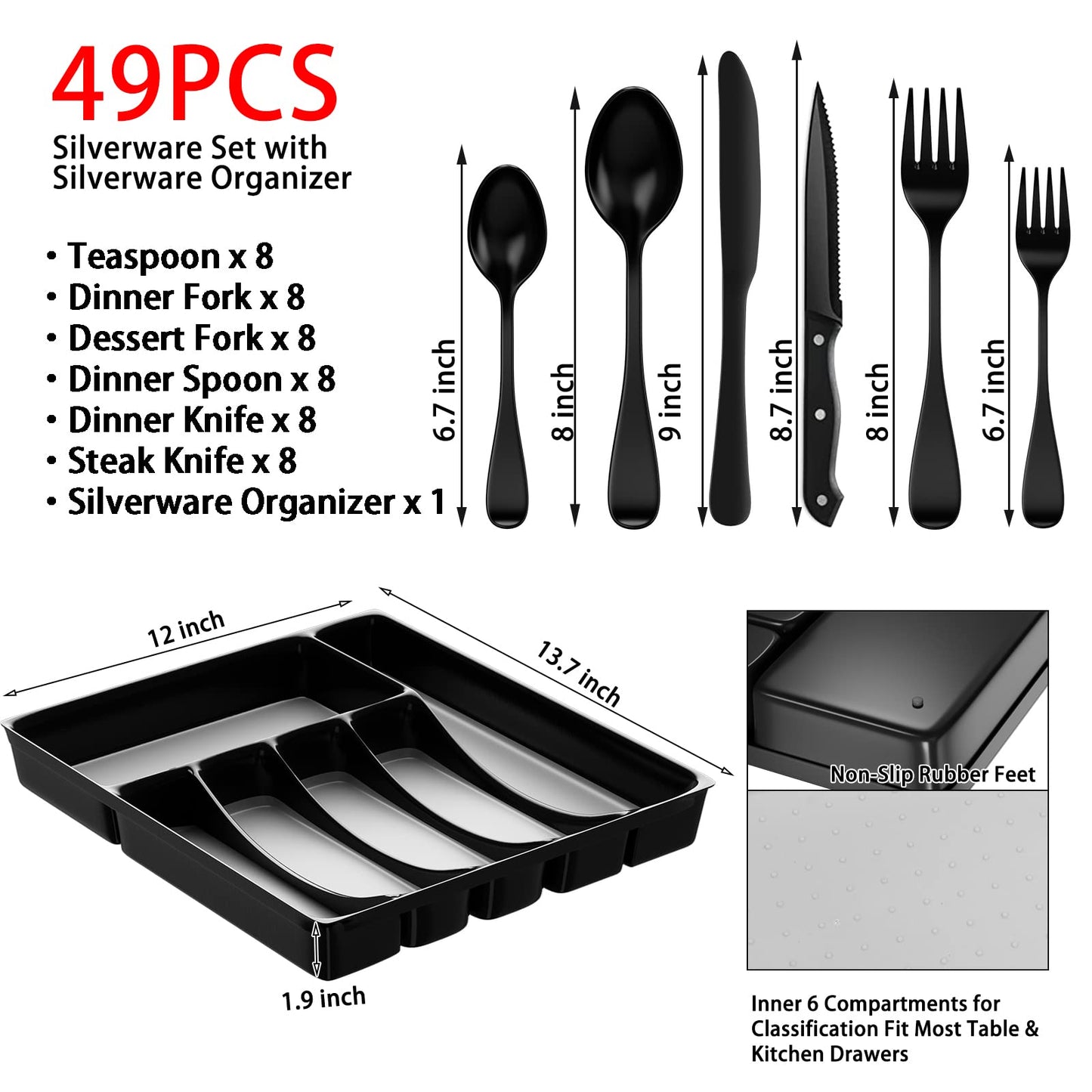 49-Piece Black Silverware Set with Drawer Organizer, Stainless Steel Cutlery for 8 with Matte Steak Knives, Forks, Spoons - Dishwasher Safe