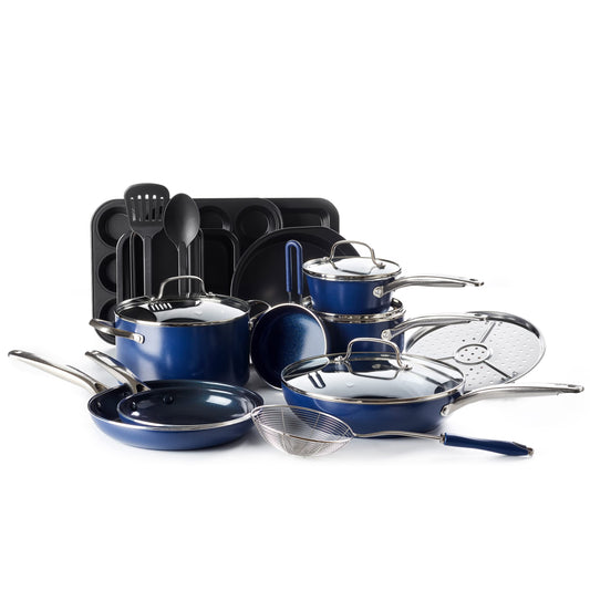 Blue Diamond 20 Piece Cookware and Bakeware Set, Diamond Infused PFOA PFAS-Free Ceramic Nonstick Pots and Pans, Durable Nontoxic Metal Utensil Safe & Scratch Resistant, Dishwasher & Oven Safe, Blue