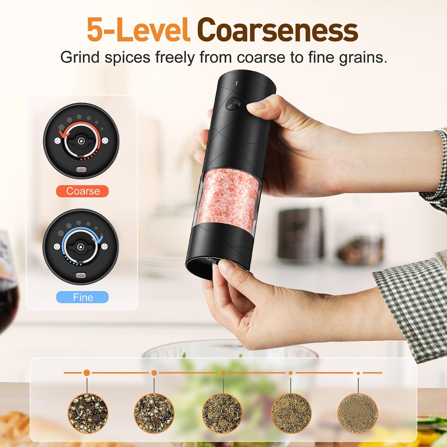 Electric Salt and Pepper Grinder Set, Rechargeable Automatic Pepper Mill Grinder with LED Light, Adjustable Coarseness shakers, One-Hand Operation for Kitchen(2 Pack, Upgrade Black+White)