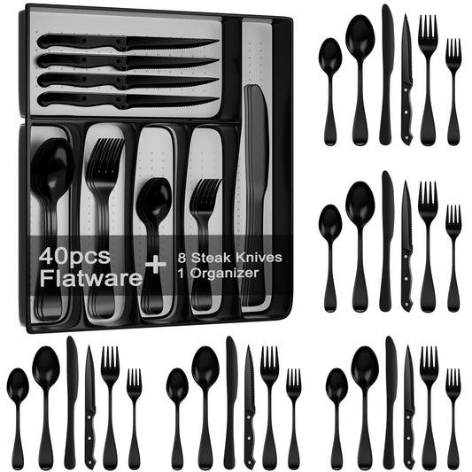 49-Piece Black Silverware Set with Drawer Organizer, Stainless Steel Cutlery for 8 with Matte Steak Knives, Forks, Spoons - Dishwasher Safe